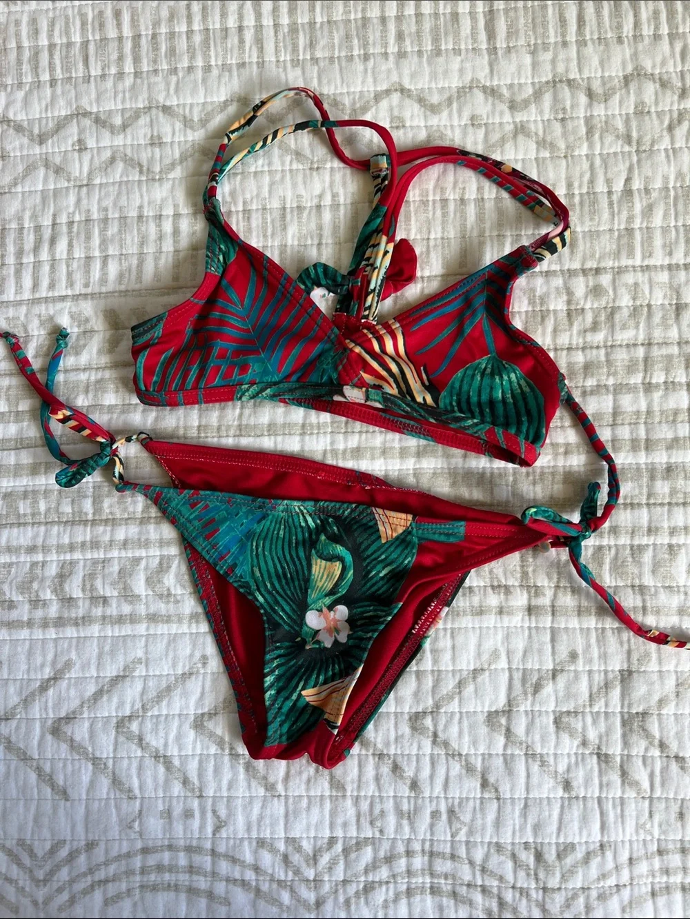 Roxy Red Tropical Leaf Print Bikini Set